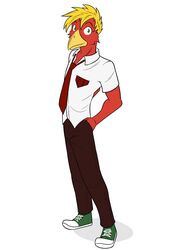  3:4 anthro avian bird bottomwear clothed clothing footwear full-length_portrait fully_clothed fuze hand_in_pocket hi_res male necktie pants pockets portrait shirt shoes simple_background solo topwear tyler_(fuze) white_background 