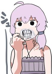  ahoge angry bare_shoulders black_eyes clenched_teeth commentary dress empty_eyes female furrowed_brow grey_dress grimace halter_dress halterneck hand_up highres looking_at_viewer mad_max mad_max:_fury_road mashima_jirou parody purple_hair ribbed_dress seyanaa short_hair_with_long_locks simple_background solo spray_paint spraying teeth upper_body veins vocaloid voiceroid white_background wide-eyed yuzuki_yukari 