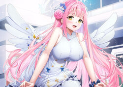  angel_wings blue_archive blue_flower blush breasts dress feathered_wings female flower frilled_dress frills hair_bun hair_flower hair_ornament highres large_breasts long_hair looking_at_viewer mika_(blue_archive) open_mouth pantyhose pink_hair single_side_bun sleeveless sleeveless_dress smile solo teeth upper_teeth_only very_long_hair white_dress white_pantyhose white_wings wings xfate yellow_eyes 