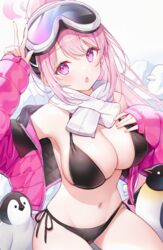  :o absurdres bikini bird black_bikini blue_archive blush breasts cleavage eimi_(blue_archive) eimi_(swimsuit)_(blue_archive) female goggles goggles_on_head halo hand_on_own_chest highres jacket looking_at_viewer misyune navel official_alternate_costume outdoors padded_jacket penguin pink_eyes pink_hair pink_halo pink_jacket scarf side-tie_bikini_bottom simple_background ski_goggles solo stomach swimsuit v white_background white_scarf 