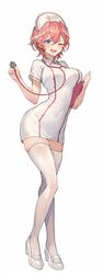  alternate_costume blue_eyes blush breasts clipboard collared_dress covered_navel dress female full_body hair_wings hands_up hat heel_up high_heels holding hololive impossible_clothes impossible_dress kakage large_breasts legs looking_at_viewer multicolored_hair nurse nurse_cap one_eye_closed open_mouth pink_hair short_dress short_hair short_sleeves simple_background solo stethoscope streaked_hair takane_lui thighhighs toe_cleavage virtual_youtuber white_background white_dress white_footwear white_thighhighs zettai_ryouiki 