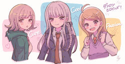  3girls :d :o ahoge akamatsu_kaede black_ribbon blonde_hair blunt_bangs blush blush_stickers breasts brown_necktie closed_mouth collared_shirt cropped_torso danganronpa:_trigger_happy_havoc danganronpa_(series) danganronpa_2:_goodbye_despair danganronpa_v3:_killing_harmony flipped_hair green_jacket hair_ornament hair_ribbon heart hood hood_down hooded_jacket jacket kirigiri_kyoko large_breasts long_hair long_sleeves looking_at_viewer marumi_(mementmori44) multiple_girls musical_note musical_note_hair_ornament nanami_chiaki necktie open_clothes open_jacket pink_eyes pink_sweater_vest ribbon shirt smile sweater_vest teeth translation_request upper_body upper_teeth_only white_background 