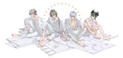  3boys absurdres barefoot blanket chinese_commentary commentary_request demon_horns full_body graveyard233 grey_hair highres honkai_(series) honkai_impact_3rd horns kalpas_(honkai_impact) kevin_kaslana kosma long_hair multiple_boys on_floor orange_eyes pants robe shirt short_hair simple_background sleeveless sleeveless_shirt smile su_(honkai_impact) transparent_background very_long_hair white_hair white_pants white_robe white_shirt 