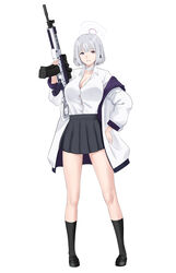  alternate_costume bandaged_neck bandages black_footwear blue_archive breasts choker cleavage clothes_pull crossover cyka duplicate female full_body girls&#039;_frontline grey_skirt gun hair_ornament halo hand_on_own_hip highres hime_cut holding holding_gun holding_weapon jacket jacket_pull large_breasts light_machine_gun long_sleeves looking_at_viewer open_mouth parody pixel-perfect_duplicate pleated_skirt purple_eyes rpk-16 rpk-16_(girls&#039;_frontline) shirt short_hair skirt smile standing weapon white_background white_hair white_jacket white_shirt 