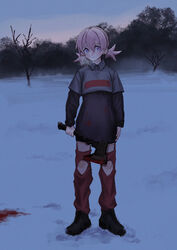  absurdres axe bare_tree black_footwear blood blood_on_clothes blood_on_weapon breath chaps ear_piercing female full_body highres holding holding_axe holding_weapon long_sleeves looking_at_viewer original outdoors piercing pink_hair purple_eyes short_twintails snow solo standing toxic_ghost tree twintails weapon 