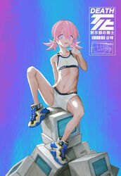  bags_under_eyes blue_eyes computer crotch_seam crt ear_piercing eyes_visible_through_hair female flat_chest groin_tendon highres looking_at_viewer monitor navel open_mouth original petite piercing pink_hair ribs sharp_teeth shoes short_twintails simple_background sitting smile sneakers solo sports_bikini sports_bra teeth toxic_ghost twintails white_sports_bra 