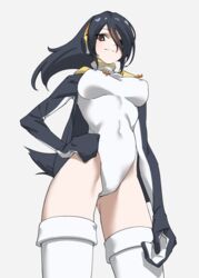  black_hair black_jacket breasts brown_eyes commentary covered_nipples drawstring emperor_penguin_(kemono_friends) female grey_background hair_over_one_eye hand_on_own_hip headphones highleg highleg_leotard highres impossible_clothes impossible_leotard jacket kemono_friends large_breasts leotard long_hair looking_at_viewer multicolored_hair open_clothes open_jacket orange_hair simple_background smile solo streaked_hair tail tanabe_(fueisei) thighhighs two-tone_hair white_leotard white_thighhighs 