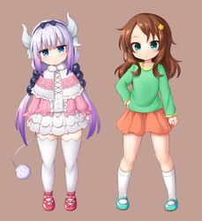  2018 accessory black_ribbon blue_eyes bottomwear brown_hair clothing dragon duo female flower flower_in_hair footwear full-length_portrait green_eyes hair hair_accessory hand_on_hip human humanoid kanna_kamui legwear looking_at_viewer mammal miss_kobayashi&#039;s_dragon_maid musouduki mythological_creature mythological_scalie mythology plant portrait purple_hair riko_saikawa scalie shoes skirt tail twintails_(hairstyle) white_clothing white_legwear young young_female young_human young_humanoid 