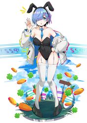  absurdres animal_ears bare_shoulders black_leotard blue_eyes blue_hair blush breasts carrot cleavage clover coat coin covered_navel detached_collar easter_egg egg fake_animal_ears female four-leaf_clover full_body gold_coin hair_ornament hair_over_one_eye hair_ribbon highres leotard looking_at_viewer medium_breasts necktie open_clothes open_coat open_mouth playboy_bunny rabbit_ears re:zero_kara_hajimeru_isekai_seikatsu rehavon rem_(re:zero) ribbon short_hair solo thighhighs wrist_cuffs x_hair_ornament 