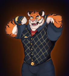  absurd_res acario_(artist) anthro bottomwear clothed clothing dress_shirt epic_games felid fingerless_gloves flexing fortnite gloves hand_behind_head handwear hi_res male mammal muscular muscular_male necktie one_eye_closed open_mouth oscar_(fortnite) pantherine pants shirt short_sleeved_shirt solo tiger topwear vest whiskers wink 