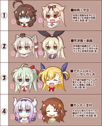  2018 accessory age_difference black_ribbon blonde_hair blue_eyes blush brown_eyes brown_hair chibi closed_eyes dragon female green_hair grey_hair group hair hair_accessory heterochromia horn human humanoid intersex intersex/female japanese_text kanna_kamui kantai_collection looking_away mammal miss_kobayashi&#039;s_dragon_maid musouduki mythological_creature mythological_scalie mythology purple_hair red_eyes red_ribbon riko_saikawa scalie shigure_(kancolle) shimakaze_(kancolle) silver_hair text twintails_(hairstyle) young younger_female yuudachi_(kancolle) 