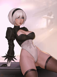  2b_(nier:automata) arm_support arms_behind_back ass_visible_through_thighs black_gloves black_hairband black_leotard blue_eyes breasts brown_thighhighs cleavage cleavage_cutout clothing_cutout feather-trimmed_sleeves female freli gloves groin hairband highleg highleg_leotard highres lace-trimmed_thighhighs leotard lips medium_breasts multicolored_clothes multicolored_gloves multicolored_leotard nier:automata nier_(series) parted_lips patreon_logo patreon_username short_hair sitting solo thighhighs two-tone_gloves two-tone_leotard white_gloves white_hair white_leotard 