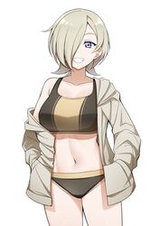  absurdres alternate_breast_size black_sports_bra blonde_hair breasts collarbone commentary female hair_over_one_eye hands_in_pockets highres hood hoodie jacket limelam06 long_sleeves looking_at_viewer love_live! love_live!_nijigasaki_high_school_idol_club mia_taylor midriff navel open_clothes purple_eyes short_hair simple_background smile solo sports_bra standing teeth two-tone_sports_bra upper_body white_background yellow_sports_bra 