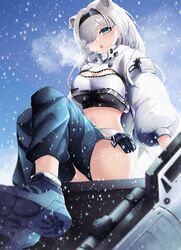  :o animal_ears arknights aurora_(arknights) bear_ears black_shirt blue_eyes blue_sky breasts chaps cleavage crop_top female highres jacket long_sleeves midriff navel open_mouth outdoors shirt sitting sky snow solo stomach thighs white_hair white_jacket yan_kodiac 