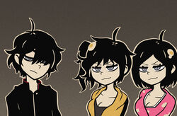  1boy 2girls :3 ahoge alternate_height araragi_karen araragi_koyomi araragi_tsukihi arms_at_sides black_jacket black_shirt bob_cut breasts bright_pupils brother_and_sister cleavage closed_mouth collarbone commentary egg_hair_ornament english_commentary eyelashes food-themed_hair_ornament fried_egg gakuran grey_background grey_eyes hair_ornament hair_over_one_eye highres hood hood_down jacket japanese_clothes kimono light_frown long_hair long_sleeves mandarin_collar medium_breasts monogatari_(series) multiple_girls naoetsu_high_school_uniform narrowed_eyes nemlei_(style) nisemonogatari open_clothes open_jacket outline paper_texture parody pink_kimono school_uniform shirt short_hair siblings side_ponytail sisters sleeptopi smile smug style_parody swept_bangs t-shirt the_coffin_of_andy_and_leyley upper_body upturned_eyes v-shaped_eyebrows white_outline white_pupils yellow_jacket 