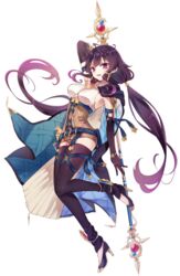  armpits atelier_(series) atelier_sophie_2 belt breasts bridal_gauntlets brown_hair cape female full_body high_heels highres holding holding_polearm holding_weapon karasumi_(aiseec) large_breasts looking_at_viewer open_mouth polearm purple_eyes ramizel_erlenmeyer thighhighs twintails weapon 