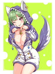  :p animal_ears beatus_creation breasts cleavage closed_mouth commentary cougar_(cougar1404) cowboy_shot drawstring female green_hair hood hood_up hooded_jumpsuit jewelry jumpsuit large_breasts lock long_hair long_sleeves looking_at_viewer luifon_(beatus_creation) necklace no_bra one_eye_closed padlock paw_pose purple_eyes short_jumpsuit smile solo standing tail tongue tongue_out unzipped white_jumpsuit wolf_ears wolf_tail zipper 