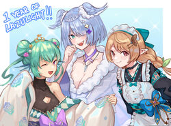  3girls absurdres anniversary apron black_bodysuit black_kimono blonde_hair blue_background blue_bow blue_hair bob_cut bodysuit border bow braid breasts brown_eyes checkered_sash cleavage cleavage_cutout clothing_cutout double_bun elira_pendora elira_pendora_(2nd_costume) english_text fairy fairy_wings finana_ryugu finana_ryugu_(2nd_costume) fins fish_girl fur_trim green_bow green_sash grey_kimono hair_bun hair_over_one_eye hairbow halterneck head_fins head_wings highres japanese_clothes jewelry key kimono large_breasts lazulight long_hair looking_at_viewer maid maid_apron maid_headdress maplesights multiple_girls necklace nijisanji nijisanji_en off_shoulder official_alternate_costume one_eye_closed one_eye_covered pointy_ears pomu_rainpuff pomu_rainpuff_(2nd_costume) sash short_hair smile thighhighs tiara twin_braids twintails virtual_youtuber wa_maid white_background white_kimono wings zettai_ryouiki 