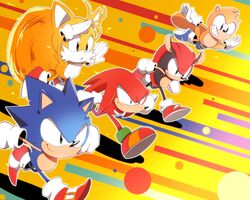  5boys animal_nose black_eyes flying furry furry_male gloves grin knuckles_the_echidna male_focus mighty_the_armadillo multiple_boys ray_the_flying_squirrel red_footwear running shoes smile sneakers sonic_(series) sonic_mania sonic_the_hedgehog sonic_the_hedgehog_(classic) tails_(sonic) tondamanuke white_gloves 