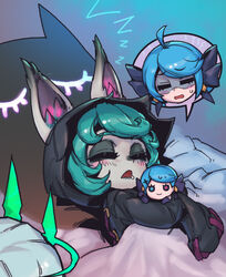  ahoge bed_sheet black_bow black_cloak blanket bow character_doll cloak closed_eyes ears_through_headwear female green_hair gwen_(league_of_legends) hairbow hood hood_up hooded_coat league_of_legends living_shadow long_sleeves lying on_back open_mouth phantom_ix_row short_hair sleeping spoken_character sweatdrop upper_body vex_(league_of_legends) vex_shadow_(league_of_legends) yordle 