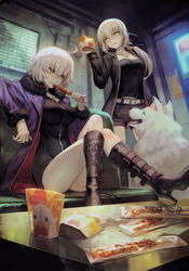  2girls absurdres ahoge animal_ears artoria_pendragon_(fate) belt belt_boots boots breasts canine cavall_the_2nd crossed_legs eating fate/grand_order fate_(series) food grey_hair hair_between_eyes hair_ribbon high_heel_boots high_heels highres holding holding_food indoors jacket jeanne_d&#039;arc_alter_(avenger)_(fate) jeanne_d&#039;arc_alter_(fate) jeanne_d&#039;arc_alter_(ver._shinjuku_1999)_(fate) knee_boots lack long_hair looking_at_viewer multiple_girls official_art open_clothes ponytail ribbon saber_alter saber_alter_(ver._shinjuku_1999)_(fate) samoyed_(dog) shirt short_hair smile white_hair yellow_eyes 