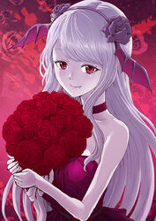  bouquet choker closed_mouth collarbone commentary_request dress evening_gown fang_out female flower hair_flower hair_ornament hairband head_wings holding holding_bouquet long_hair oerba_yun_fang overlord_(maruyama) purple_flower purple_hairband purple_rose purple_wings red_background red_dress red_eyes red_flower red_rose rose rurukichi shalltear_bloodfallen silver_hair smile solo strapless strapless_dress swept_bangs upper_body very_long_hair wings 