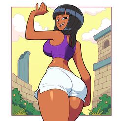  1girls alternative_skin_color back_view booty_shorts bronze_skin_color dark-skinned_female female female_only highres long_hair looking_back_at_viewer midriff nico_robin one_piece pre-timeskip purple_topwear stealth_brock tan_body tan_skin tank_top waving_at_viewer white_border white_shorts 