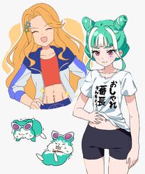  2girls :3 :d abs black_shorts blue_jacket blunt_bangs chimumu chimumu_(hamster) closed_eyes clothes_writing cone_hair_bun cowboy_shot creature_and_personification cropped_legs cropped_shirt dolldolldd double_bun exercising facing_viewer green_hair hair_bun hair_ornament hamster hand_on_own_hip highres jacket long_hair long_sleeves looking_down midriff multicolored_hair multiple_girls multiple_views open_clothes open_jacket open_mouth orange_hair pink_eyes pretty_series red_shirt shirt short_hair short_shorts short_sleeves shorts sidelocks simple_background smile sparkle star_(symbol) star_hair_ornament streaked_hair sweatdrop t-shirt waccha_primagi! white_background white_hair white_shirt yayoi_hina 