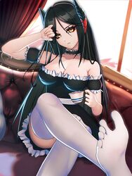  absurd_fox absurdres alternate_costume arknights bare_shoulders black_hair breasts cleavage couch cup demon_girl demon_horns female hair_between_eyes hand_up highres holding holding_cup horns indoors ines_(arknights) large_breasts long_hair looking_at_viewer maid sitting solo thighhighs white_thighhighs yellow_eyes 