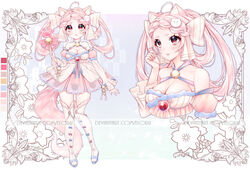  adoptable ahoge animal_ear_fluff animal_ears artist_name bare_shoulders bell blue_background blue_bow blue_footwear blue_ribbon border bow bow_button bow_legwear braid breasts cleavage collarbone color_guide commentary dress eloru english_commentary eyelashes female fingernails flower fox_ears fox_girl fox_hair_ornament fox_tail frilled_dress frilled_sleeves frilled_thighhighs frills full_body gem gradient_background hair_rings hairbow holding holding_wand lace-trimmed_dress lace_trim large_breasts layered_dress layered_sleeves light_blush lipstick long_hair long_sleeves looking_at_viewer makeup multiple_views neck_bell original parted_lips paw_print paw_print_pattern picture_frame pink_bow pink_dress pink_eyes pink_hair pink_lips pink_ribbon pink_sleeves pleated_skirt puffy_short_sleeves puffy_sleeves red_gemstone reference_sheet ribbon sandals short_dress short_over_long_sleeves short_sleeves single_braid skirt sleeveless sleeveless_dress sleeves_past_wrists straight-on striped striped_bow tail thighhighs upper_body vertical-striped_bow vertical_stripes waist_ribbon wand white_border white_bow white_dress white_sleeves white_thighhighs wrist_ribbon 