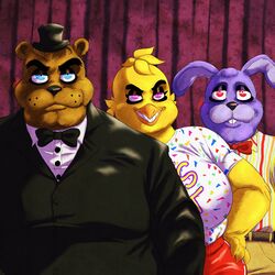  1:1 2023 alternate_species anthro avian beak bear belt big_breasts bird black_bow_tie black_clothing black_eyelids black_hat black_headwear black_nose black_tie_(suit) blue_eyes bonnie_(fnaf) bottomwear bow_tie breasts brown_bear brown_belt brown_body brown_fur brown_hair buckteeth button_(fastener) cageyshick05_(artist) cheek_tuft chica_(fnaf) chicken clothed clothing curtains digital_media_(artwork) dress_shirt eyebrows eyelashes facial_tuft feather_hair feathers female five_nights_at_freddy&#039;s freddy_(fnaf) frown fur furrification furrowed_brow galliform gallus_(genus) group hair half-closed_eyes hand_on_hip hat headgear headwear hi_res lagomorph leporid lips long_ears male mammal multicolored_body multicolored_clothing multicolored_fur muscular muscular_anthro muscular_female narrowed_eyes no_eyebrows non-mammal_breasts orange_beak pants pattern_clothing pattern_shirt pattern_topwear phasianid pseudo_hair purple_eyes purple_inner_ear rabbit red_bottomwear red_bow_tie red_clothing red_eyes red_shorts scottgames shirt shorts signature smile smiling_at_viewer striped_clothing striped_dress_shirt striped_shirt striped_topwear stripes suit teeth text text_on_clothing thick_bottom_lip thick_eyebrows toothed_beak top_hat topwear trio tuft ursine white_dress_shirt yellow_body yellow_bottomwear yellow_clothing yellow_feathers yellow_pants 