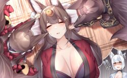  ! !! 4girls absurdres age_difference aged_down akagi-chan_(azur_lane) amagi-chan_(azur_lane) amagi_(azur_lane) animal_ear_fluff animal_ears aunt_and_niece azur_lane bell blunt_bangs blush breasts brown_hair cleavage closed_eyes collarbone commentary constricted_pupils cut-in dated_commentary floor food food_on_head fox_ears fox_girl fox_tail from_above fruit fruit_on_head hair_bell hair_ornament head_on_pillow highres holding holding_food holding_fruit japanese_clothes kaga_(azur_lane) kimono kitsune kyuubi large_breasts long_hair lying mandarin_orange mother_and_daughter multiple_girls multiple_tails neck object_on_head on_back open_clothes open_kimono open_mouth pillow prank samip shaded_face short_hair siblings sidelocks sisters stacking surprised sweat sweatdrop tail thick_eyebrows twintails white_hair white_kimono 