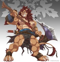  abs absurd_res anthro armpit_hair axe body_hair claws felid greataxe hi_res lion lustful_desires male mammal muscular muscular_anthro muscular_male narram nipples pantherine pecs sabal_(lustful_desires) sharp_teeth solo teeth vein veiny_muscles 