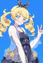  blonde_hair blue_background blue_bow blue_dress blue_eyes blue_hairband bow breasts commentary_request cowboy_shot dolldolldd dress drill_hair female flower grin hair_flower hair_ornament hairband hand_up highres kiratto_pri_chan korean_commentary long_hair looking_at_viewer moegi_emo open_mouth orange_flower pretty_series see-through see-through_shirt shirt simple_background sleeveless sleeveless_dress small_breasts smile solo standing twin_drills twintails v 