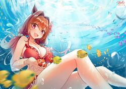  :d animal animal_ears artist_name bare_shoulders bikini breasts brown_hair butterflyfish cleavage clownfish collarbone commentary daiwa_scarlet_(trifle_vacation)_(umamusume) daiwa_scarlet_(umamusume) dated female fish fritz614 hair_intakes highres horse_ears horse_girl large_breasts long_hair looking_at_viewer oerba_yun_fang official_alternate_costume open_mouth red_bikini signature skin_fang smile solo submerged swimsuit tropical_fish twintails umamusume underwater very_long_hair 