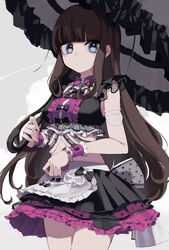  apron asa_(o0_asa_0o) bikini bikini_skirt black_bikini black_bow black_skirt black_umbrella blue_eyes blunt_bangs bow brown_hair center_frills closed_mouth cowboy_shot female frilled_bikini frilled_cuffs frilled_skirt frills grey_background highres holding holding_umbrella kurosu_aroma long_hair looking_at_viewer maid maid_bikini navel parasol pink_bow polka_dot polka_dot_bow pretty_series pripara simple_background skirt solo standing summer_maid_coord swimsuit umbrella unconventional_maid very_long_hair waist_apron wrist_cuffs 