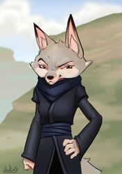  2023 5_fingers anthro artist_name belt black_clothing black_ear_tips black_nose black_robe blue_belt blue_scarf breasts brown_eyes canid canine cheek_tuft clothed clothing cloud corsac_fox day digital_drawing_(artwork) digital_media_(artwork) dipstick_ears dreamworks dudles ear_markings eyebrows eyelashes facial_tuft female fingers fist fluffy fluffy_tail fox fur grey_body grey_fur grey_tail half-closed_eyes hand_on_hip kung kung_fu_panda long_sleeves looking_at_viewer mammal multicolored_body multicolored_ears multicolored_fur narrowed_eyes outside robe scarf sky small_breasts smile smiling_at_viewer smirk smirking_at_viewer solo tail true_fox tuft white_body white_fur zhen_(kung_fu_panda) 