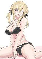  absurdres aqua_eyes bikini black_bra black_panties black_ribbon blonde_hair bra breasts cleavage female highres kantai_collection ken_(shutenndouji1) large_breasts long_hair one-hour_drawing_challenge open_mouth panties prinz_eugen_(kancolle) ribbon side-tie_bikini_bottom simple_background sitting solo swimsuit teeth twintails underwear underwear_only upper_teeth_only wariza white_background 