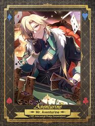  1boy ace_(playing_card) ace_of_diamonds aventurine_(honkai:_star_rail) black_jacket blonde_hair bracelet card cleavage_cutout clothing_cutout diamond_(shape) earrings english_commentary english_text feather_boa five_of_clubs five_of_spades glasses green_shirt highres holding holding_card honkai:_star_rail honkai_(series) jack_(playing_card) jack_of_spades jacket jewelry looking_at_viewer male_focus official_art playing_card poker_chip shirt short_hair smile solo two_of_diamonds upper_body 