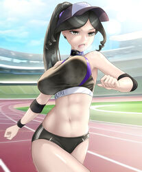  abs baseball_cap black_buruma black_eyes black_hair black_sports_bra black_wristband blue_choker bouncing_breasts breasts buruma character_name choker clenched_hands clothes_writing commentary contemporary crop_top curly_hair day elbow_sleeve english_commentary female hat heavy_breathing high_ponytail kuroko_(29243086) large_breasts long_hair navel open_mouth outdoors overlord_(maruyama) ponytail running running_track slit_pupils solo sports_bra stomach sweat teeth track_and_field track_uniform upper_teeth_only wet wet_clothes yuri_alpha 