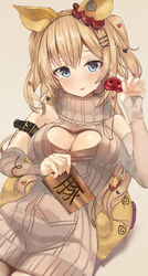  absurdres akai_haato alternate_costume bad_id bad_pixiv_id blonde_hair blue_eyes blush breasts cleavage cleavage_cutout clothing_cutout female grey_sweater haaton_(akai_haato) hair_ornament hairpin heart heart_hair_ornament highres hololive large_breasts looking_at_viewer lying meme_attire nekoi_(nekoi_0116) on_back pig_nose sleeveless sleeveless_sweater sleeveless_turtleneck smile solo sweater tongue tongue_out turtleneck two_side_up virgin_killer_sweater virtual_youtuber x_hair_ornament 