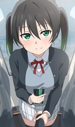  1other black_hair black_jacket breasts cellphone collared_shirt commentary female gradient_hair green_eyes green_hair grey_vest highres holding holding_another&#039;s_arm holding_phone jacket long_sleeves looking_at_viewer love_live! love_live!_nijigasaki_high_school_idol_club medium_breasts medium_hair multicolored_hair neck_ribbon nijigasaki_school_uniform phone plaid plaid_skirt pov pov_hands red_ribbon ribbon school_uniform shiitake_taishi shirt sidelocks skirt smartphone smile takasaki_yu twintails upper_body vest white_shirt white_skirt winter_uniform 