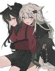  2girls animal_ear_fluff animal_ear_piercing animal_ears antenna_hair arknights arms_behind_back artist_name black_gloves black_hair black_jacket black_pouch black_shorts black_tail black_undershirt blush bound bound_wrists bracelet breasts brown_eyes buttons chest_harness collared_shirt cowboy_shot diagonal-striped_clothes diagonal-striped_necktie dot_nose dress_shirt embarrassed from_side gloves green_necktie grey_eyes grey_hair hair_between_eyes hair_flowing_over hair_ornament hairclip hand_up happy harness heart highres infection_monitor_(arknights) invisible_floor jacket jewelry lappland_(arknights) lappland_(refined_horrormare)_(arknights) leaning leaning_on_person legs_apart light_blush long_hair long_sleeves looking_at_viewer looking_to_the_side medium_breasts messy_hair multiple_girls necklace necktie necktie_around_wrists oerba_yun_fang official_alternate_costume open_mouth pale_skin parted_lips partially_unbuttoned ponytail pouch profile red_shirt restrained scar scar_across_eye scar_on_face seri_(vyrlw) shadow shirt shirt_tucked_in short_shorts shorts sidelocks signature simple_background sitting sitting_on_lap sitting_on_person smile straight_hair striped_clothes sweatdrop tail tail_grab texas_(arknights) texas_(willpower)_(arknights) thigh_pouch thigh_strap underbust undershirt unworn_necktie very_long_hair white_background wide_sleeves wing_collar wolf_ears wolf_girl wolf_tail yuri 