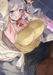  :q arm_up armpits black_pantyhose black_skirt blue_eyes breasts camisole female grey_hair highres jacket kantai_collection kashima_(kancolle) long_hair looking_at_viewer lying mizuta_kenji on_back open_clothes open_jacket pantyhose skirt smile solo tongue tongue_out twintails wavy_hair white_jacket yellow_camisole 