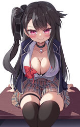  :3 alternate_costume azur_lane black_bra black_thighhighs bow bow_bra bowtie bra bra_peek breasts brown_hair cleavage collared_shirt commentary_request desk facing_viewer female jacket large_breasts long_hair looking_at_viewer mikage_(shibi) on_desk one_side_up open_clothes open_jacket pamiat_merkuria_(azur_lane) partially_unbuttoned plaid plaid_skirt pleated_skirt red_bow red_bowtie school_uniform shirt sitting skirt smug thigh_strap thighhighs underwear white_background 