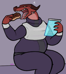  2023 3_fingers alpine_(ncs) anthro belly bodysuit clothed clothing dessert doughnut dragon ear_piercing ear_ring female fingers food grey_background hi_res holding_doughnut holding_food holding_object holographic_screen horn mythological_creature mythological_scalie mythology ncs open_mouth overweight overweight_anthro overweight_female pastry piercing ring_piercing scales scalie scraper_city simple_background sitting skinsuit tight_clothing tongue wingless_dragon 