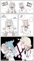  ! !! ... 2girls absurdres animal_ears blonde_hair blue_hair breasts cleavage closed_eyes commentary cosplay daydarion disguise dog_ears elira_pendora english_commentary english_text fuwawa_abyssgard fuwawa_abyssgard_(1st_costume) fuwawa_abyssgard_(cosplay) hair_over_one_eye head_wings highres hololive hololive_english large_breasts mococo_abyssgard mococo_abyssgard_(1st_costume) multiple_girls nijisanji nijisanji_en pointing pointing_at_self spoken_ellipsis sweatdrop to_be_continued v virtual_youtuber wide-eyed wig wings 