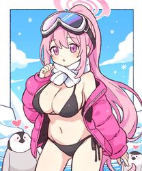  :o bikini bird black_bikini blue_archive blue_sky blush breasts cloud cloudy_sky coat commentary cowboy_shot dot_nose eimi_(blue_archive) eimi_(swimsuit)_(blue_archive) female goggles goggles_on_head halo heart high_ponytail large_breasts legs_apart long_hair looking_at_viewer official_alternate_costume onyhakase open_clothes open_coat open_mouth outdoors outline penguin pink_coat pink_hair pink_halo purple_eyes scarf side-tie_bikini_bottom sky snowing solo standing straight_hair string_bikini swimsuit very_long_hair white_scarf winter winter_clothes winter_coat 