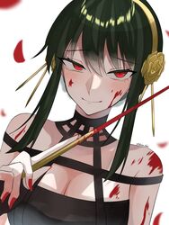  absurdres bare_shoulders blood blood_on_body blood_on_face blush breasts cleavage closed_mouth commentary dutch_angle falling_petals female green_hair hair_between_eyes highres holding holding_weapon large_breasts looking_at_viewer nail_polish petals red_eyes red_nails short_hair_with_long_locks sidelocks simple_background slit_pupils solo spy_x_family tsukuno_tsuki twitter_username upper_body weapon white_background yor_briar 