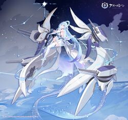  :o asymmetrical_legwear azur_lane black_thighhighs blue_hair breasts constellation constellation_(azur_lane) copyright_name copyright_notice dress elbow_gloves female full_body gloves hair_between_eyes halo hand_on_own_arm highres large_breasts leg_up long_hair looking_at_viewer mimoza_(96mimo414) mismatched_legwear official_art purple_eyes rigging second-party_source sideboob sleeveless sleeveless_dress solo thighhighs very_long_hair white_dress white_gloves white_thighhighs wings zettai_ryouiki 